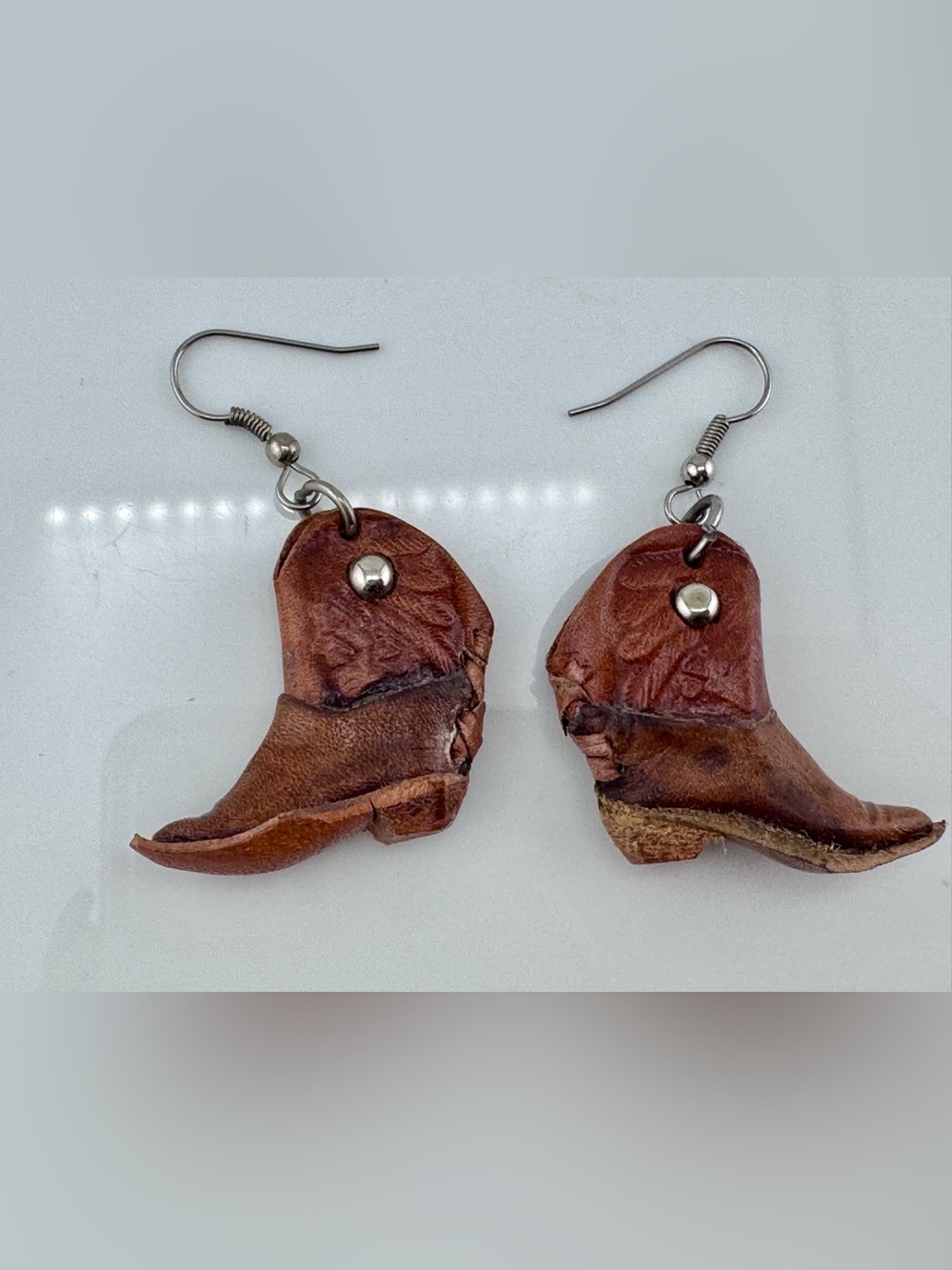 Brown Leather Cowboy Boot Earrings Western Cowgirl Tooled Dangle Jewelry - Picture 2 of 16